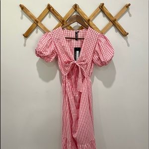 Puffed sleeve, open cut, front tie, farmhouse midi dress